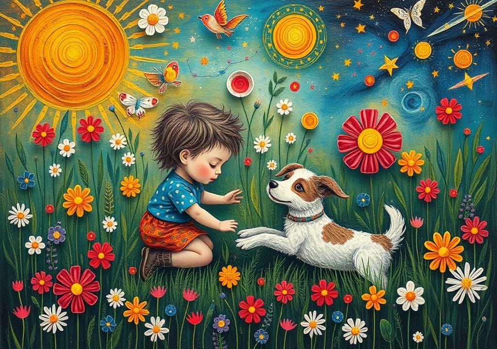 Toddler and Dog in Cosmic Meadow, Naive Art
