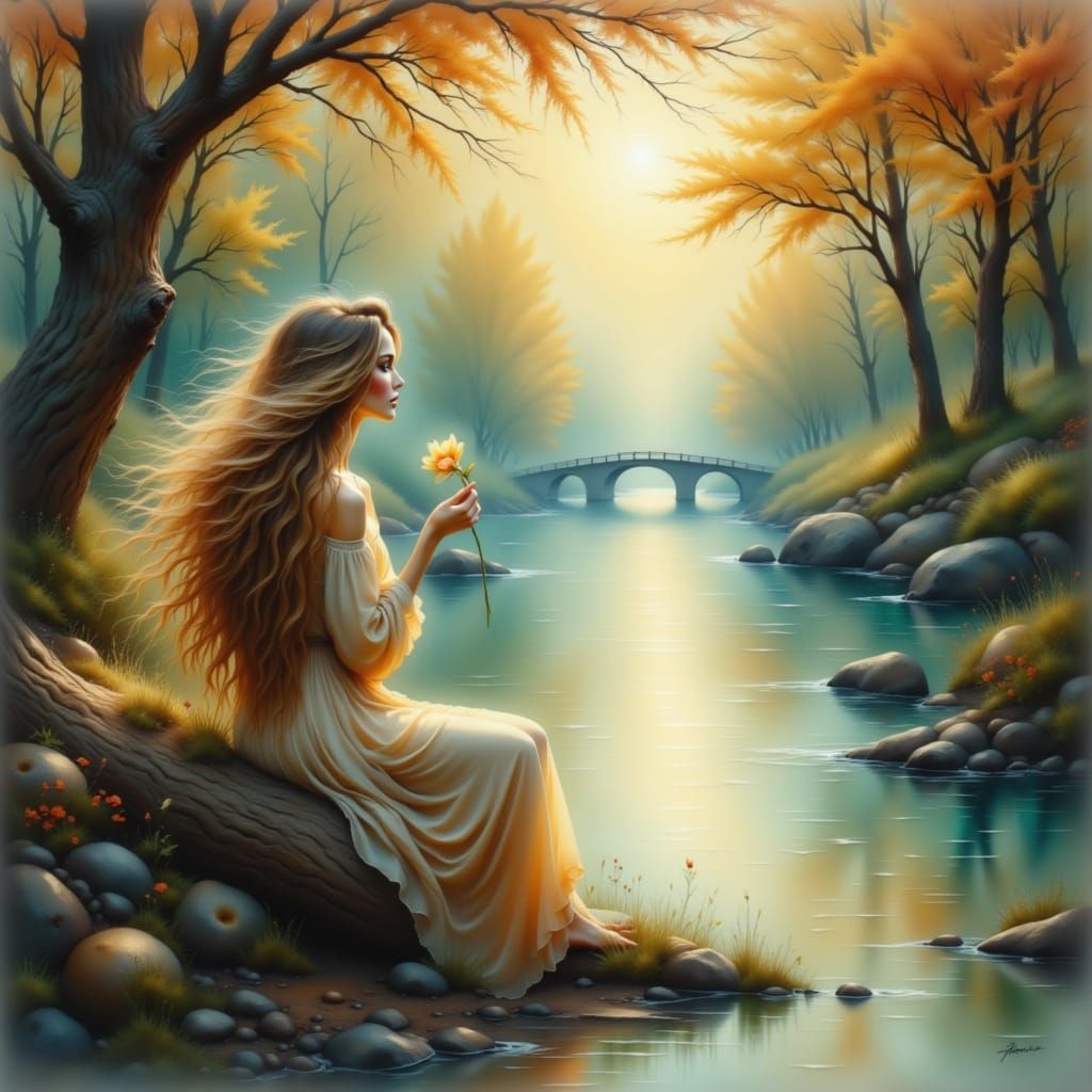 Woman by River in Dreamlike Landscape