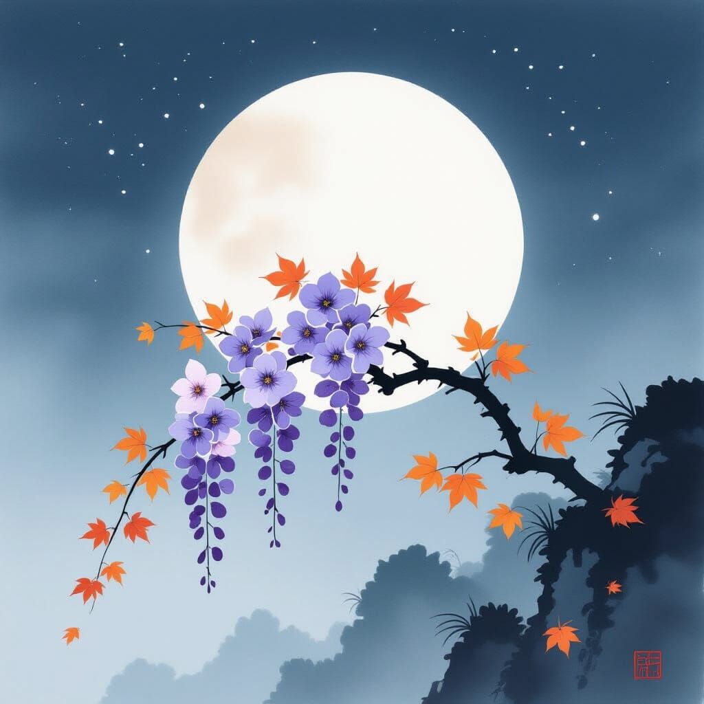 Sumi-e Wisteria Branch Under Autumn Moon