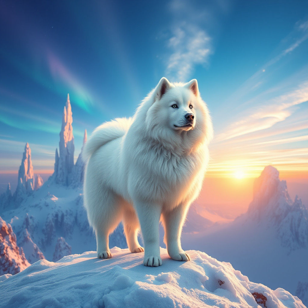 Samoyed Dog on Snowy Peak in Mystical Landscape