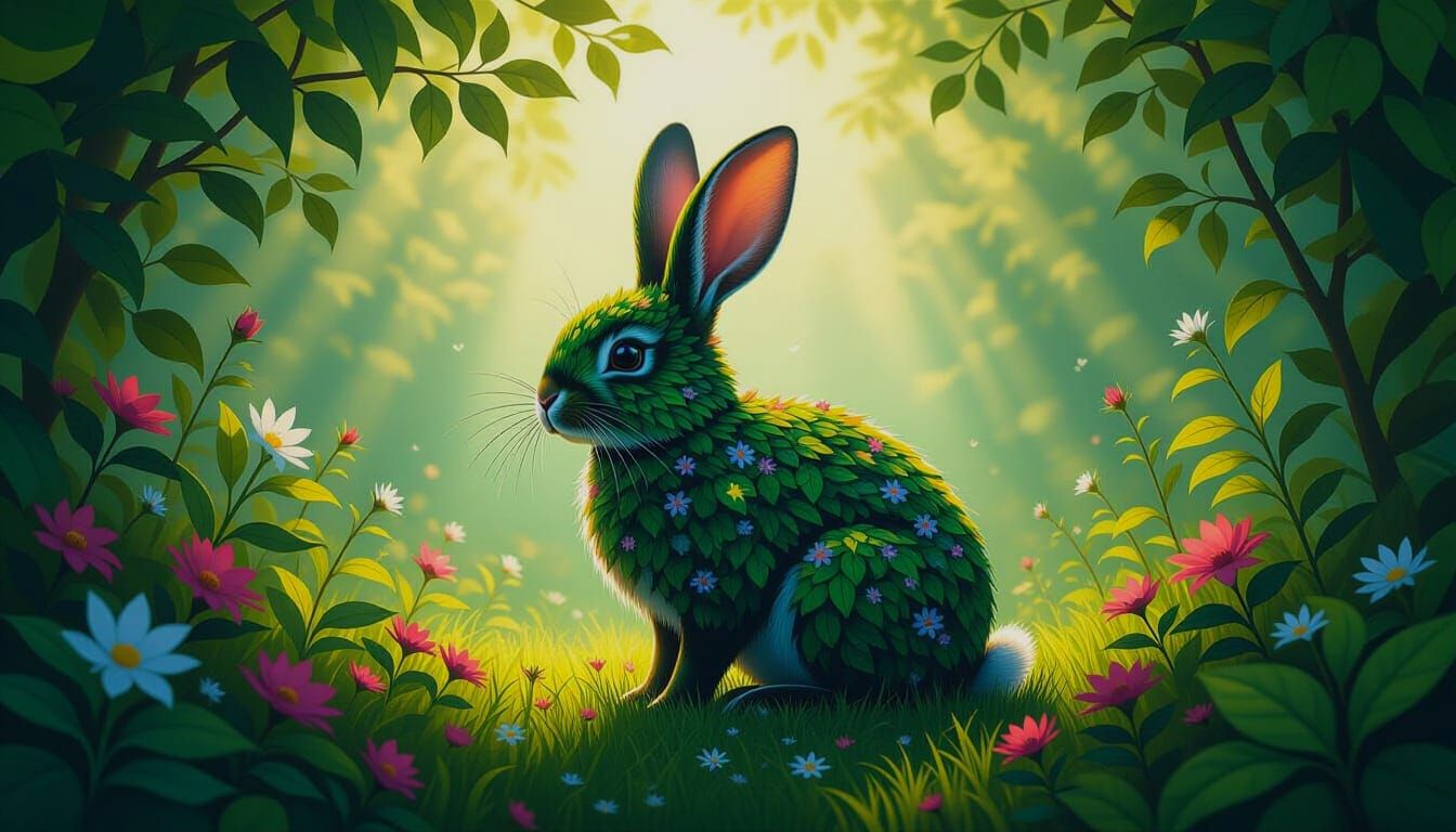 Whimsical 3D Rabbit Silhouette Garden Surrealism Oil Paintin...