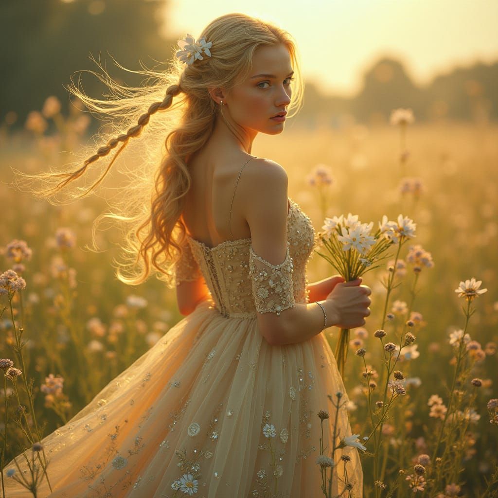 Serenely Adorned Pre-Raphaelite Goddess in Sunlit Meadow