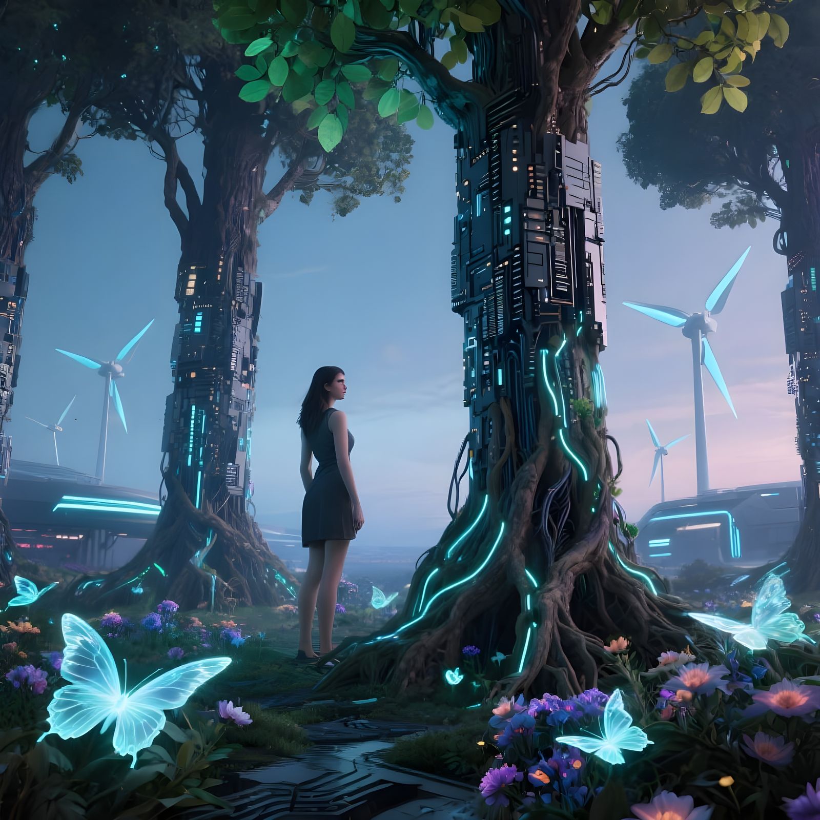 Futuristic Nature Scene with Circuit Trees and Holographic B...