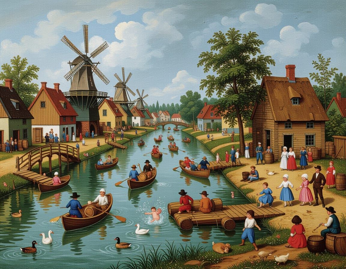 Lively Riverside Village Festival as Detailed Painting