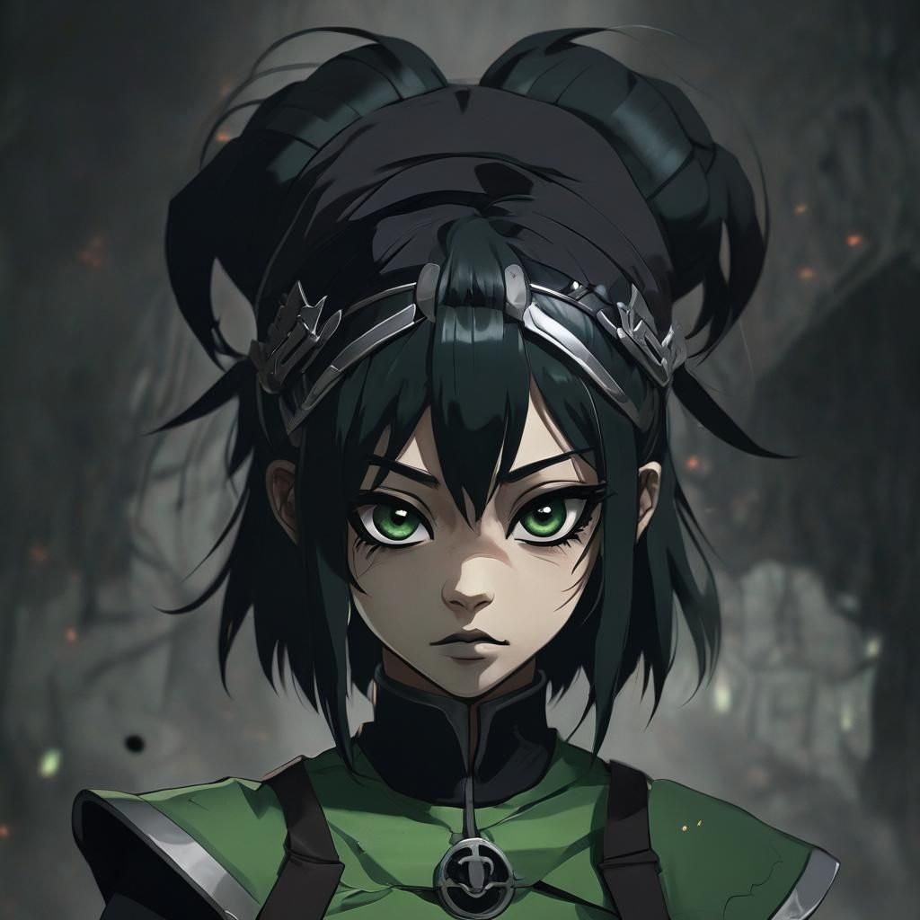 Gothic Anime Earthbender Toph in Dark Green Attire