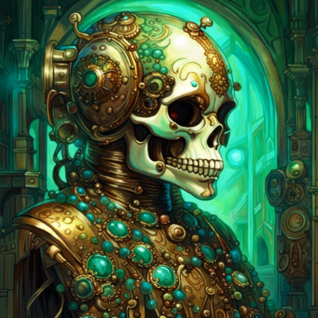 Emerald Cat Skull in Steampunk Style