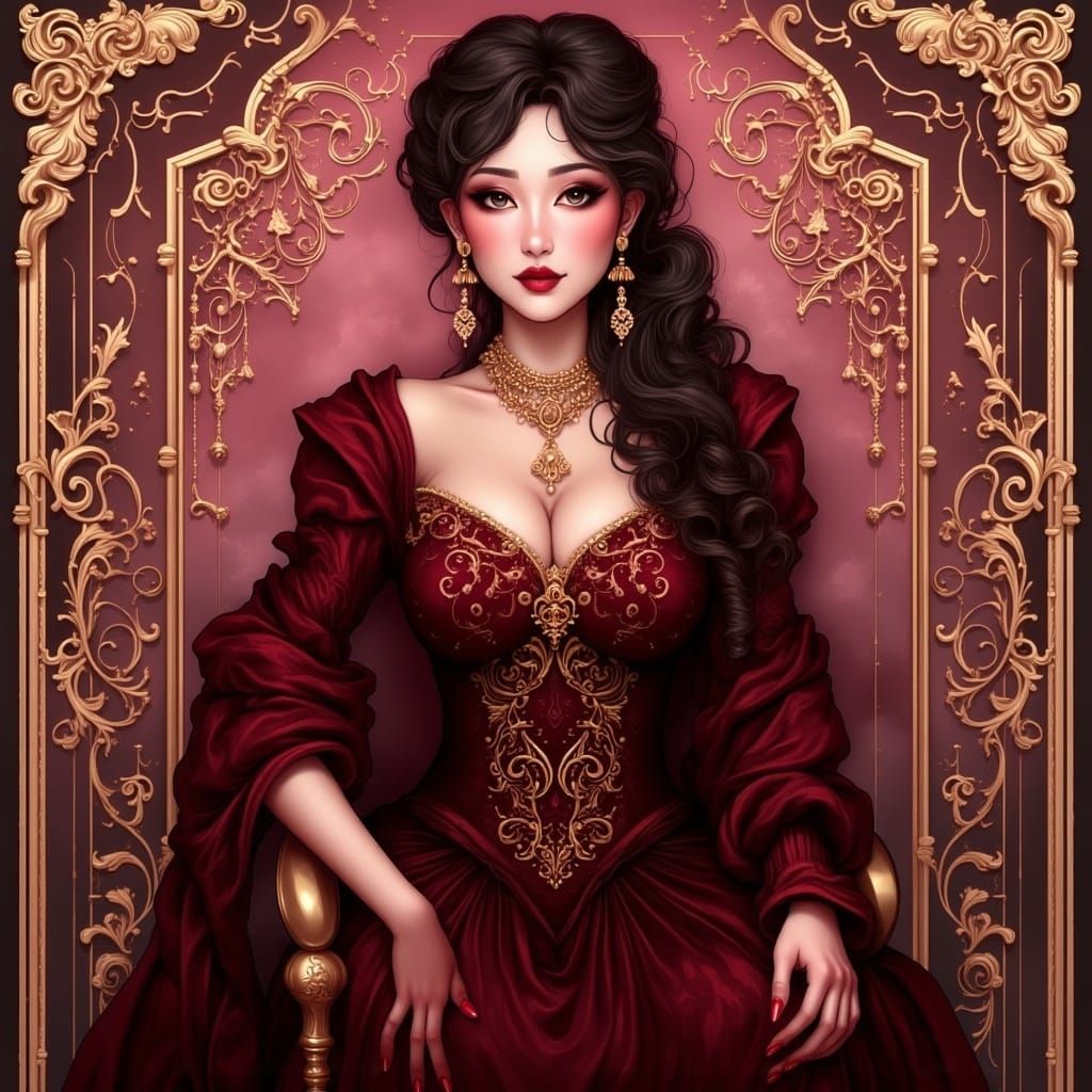 Elegant Woman in Burgundy Attire, Inspired by Klimt and Much...