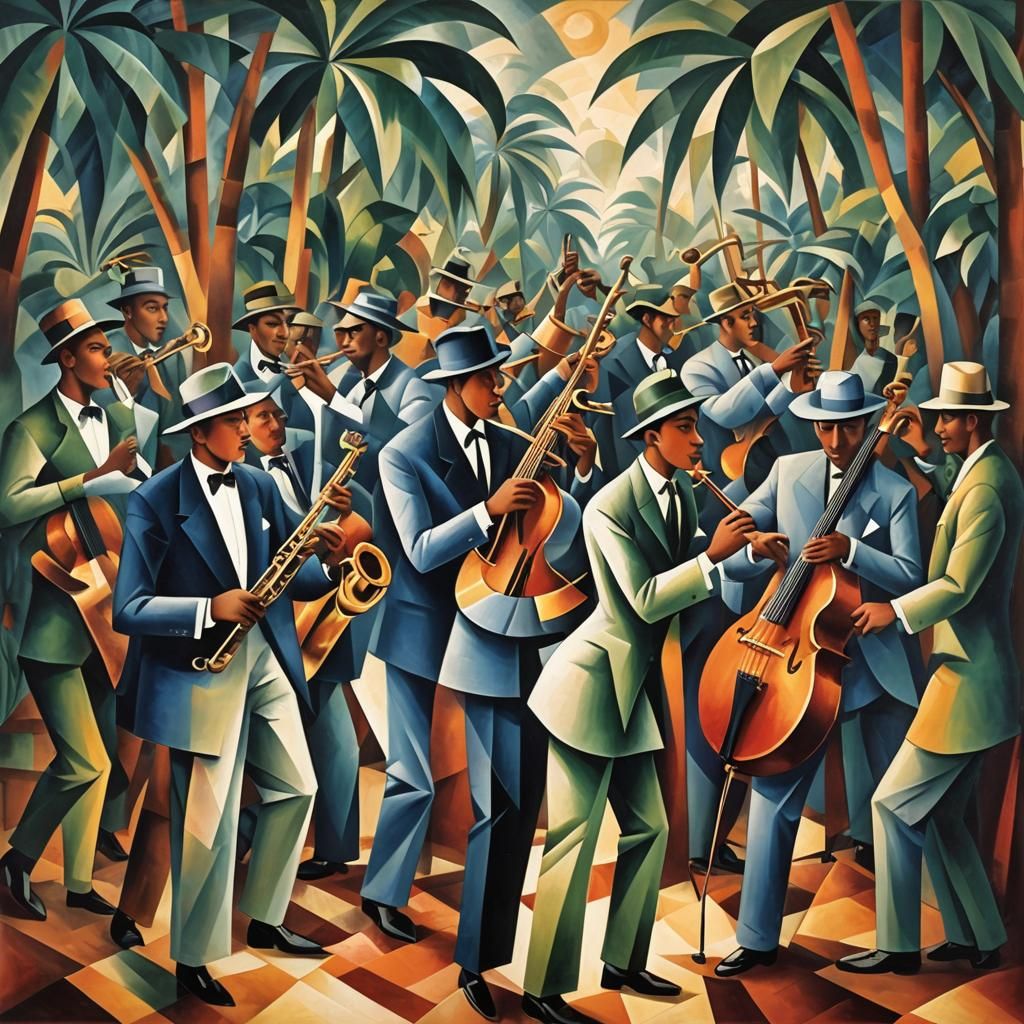 Jazz Musicians in Tropical Club: Cubist Painting