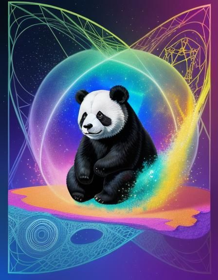 Surreal Panda Bear Amidst a Vibrant Tidal Wave Celebration
