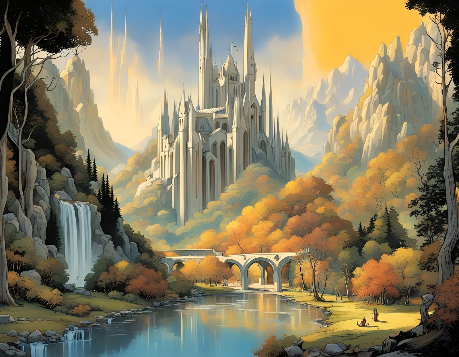 Rivendell in Cel-Shaded Pop Art Deco Style