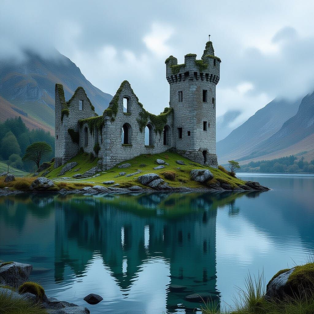 Majestic Ruined Castle Reflected on Lake