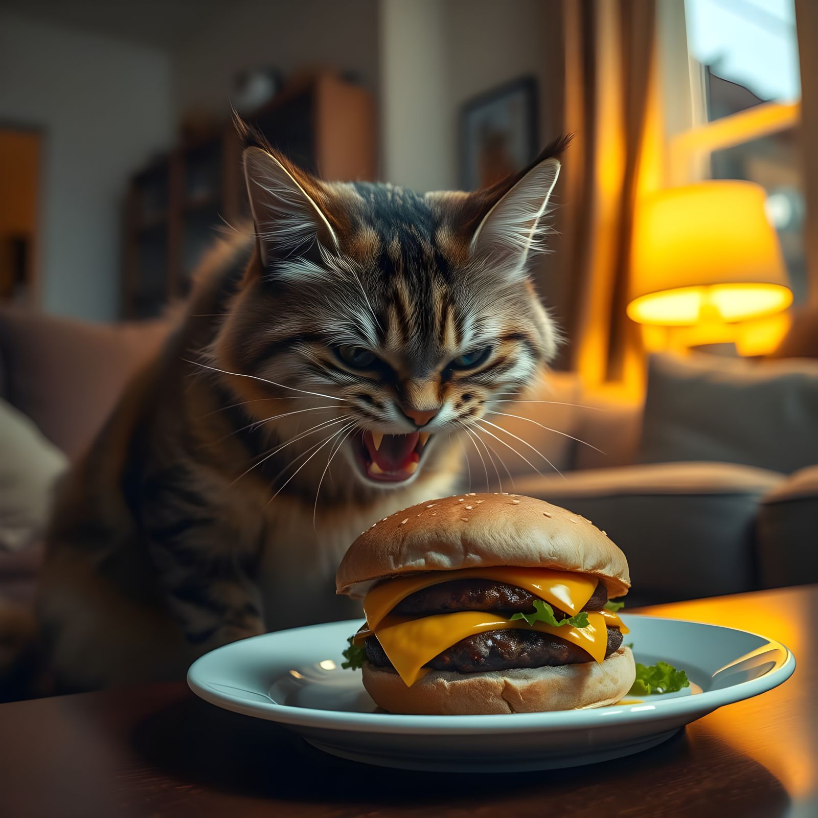 Photorealistic Cat Defends Cheeseburger in Cozy Living Room