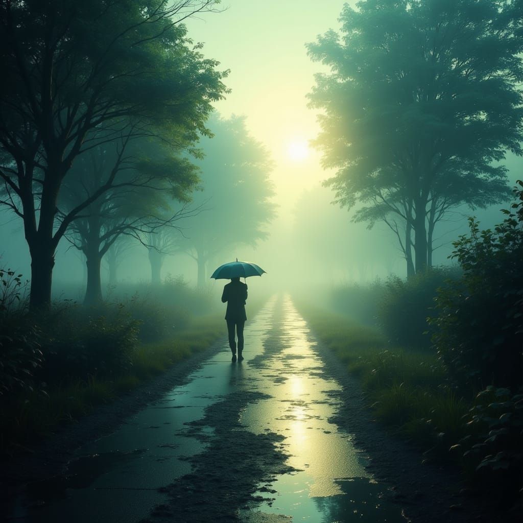 Lone Figure in Foggy Country Lane with Umbrella