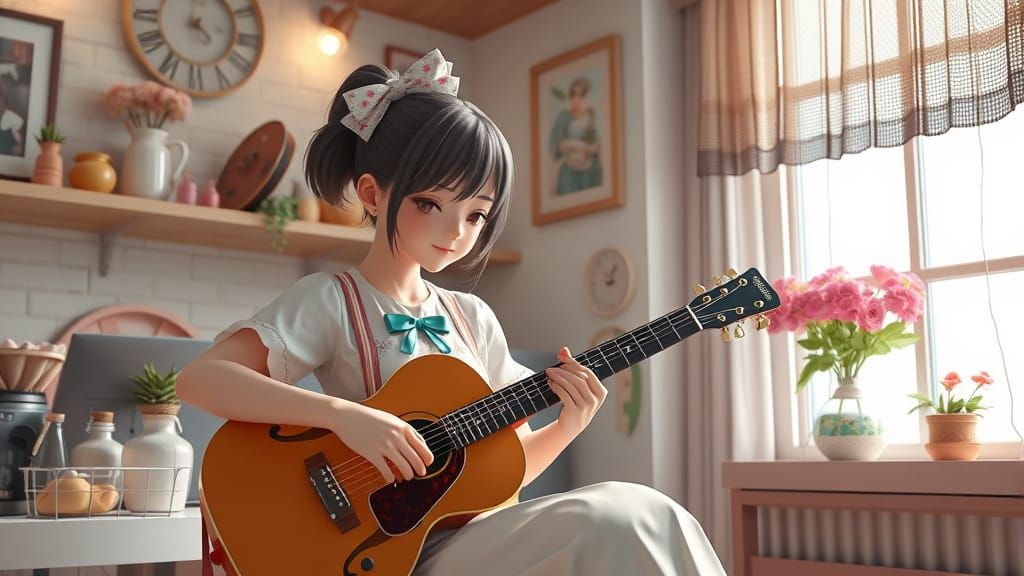 Charming Anime Housewife Practices Music with Precision