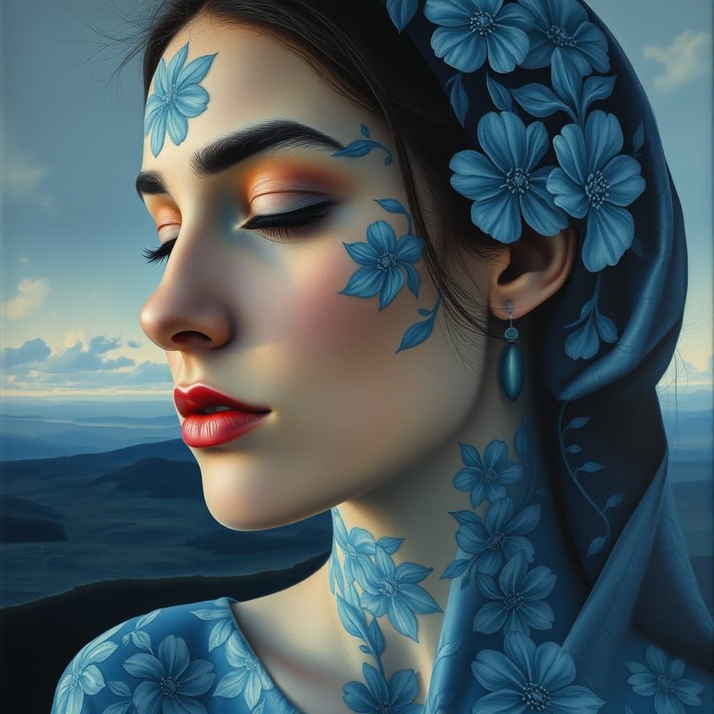 Pensive Woman With Psychedelic Floral Patterns in Blue