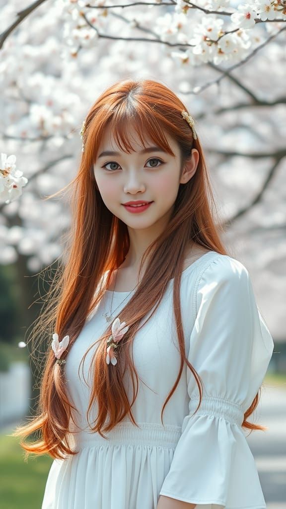 Beautiful Japanese Girl Portrait Under Sakura Trees