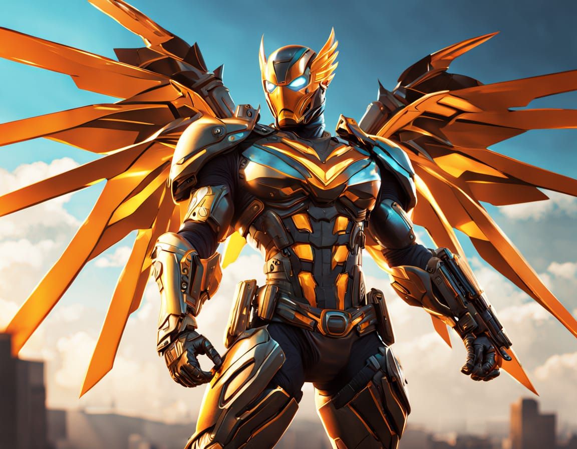 Superhero with Mechanical Wings in Dynamic Comic Book Style