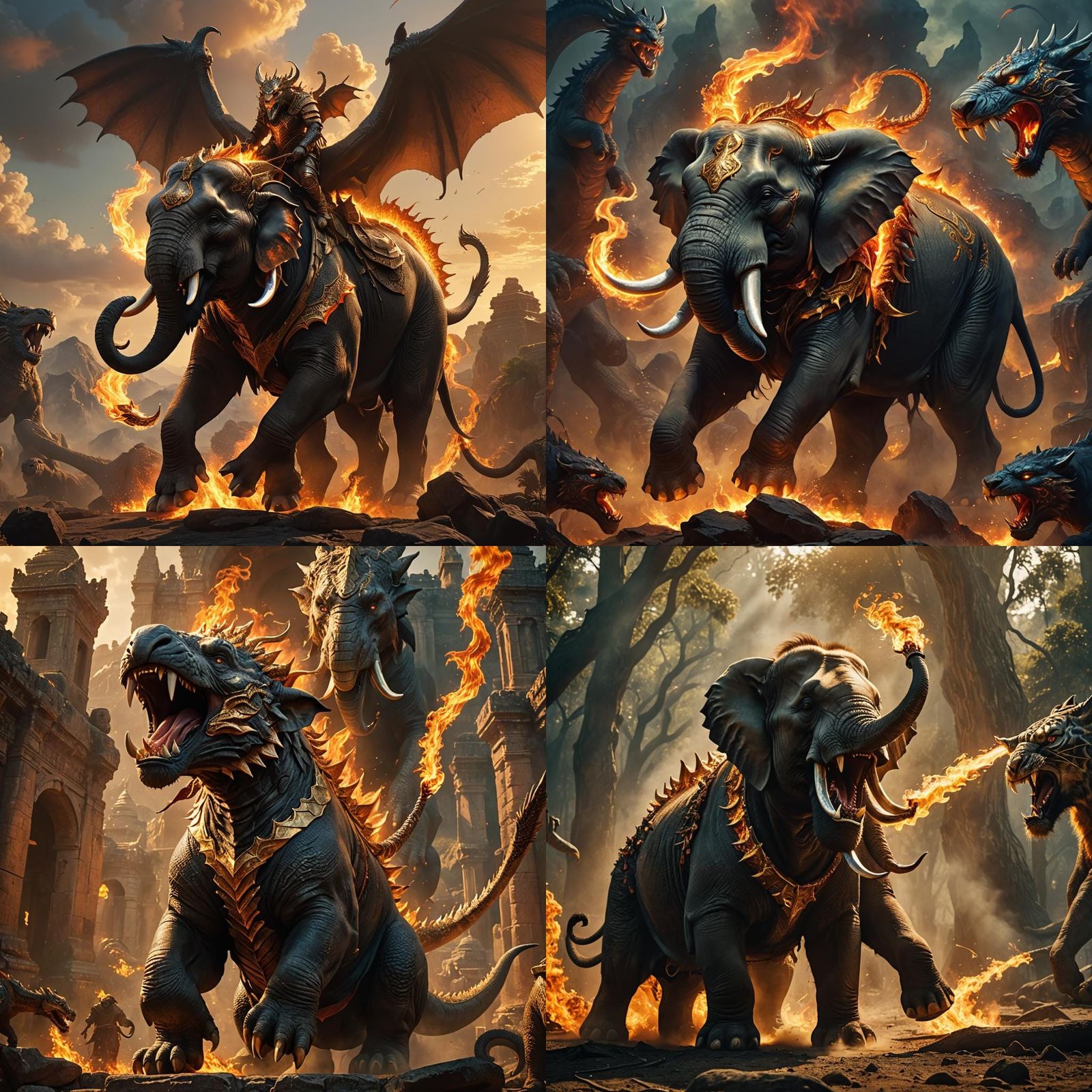 Elephant fused with saber tooth tiger battling out against the arch nemesis to protect their world