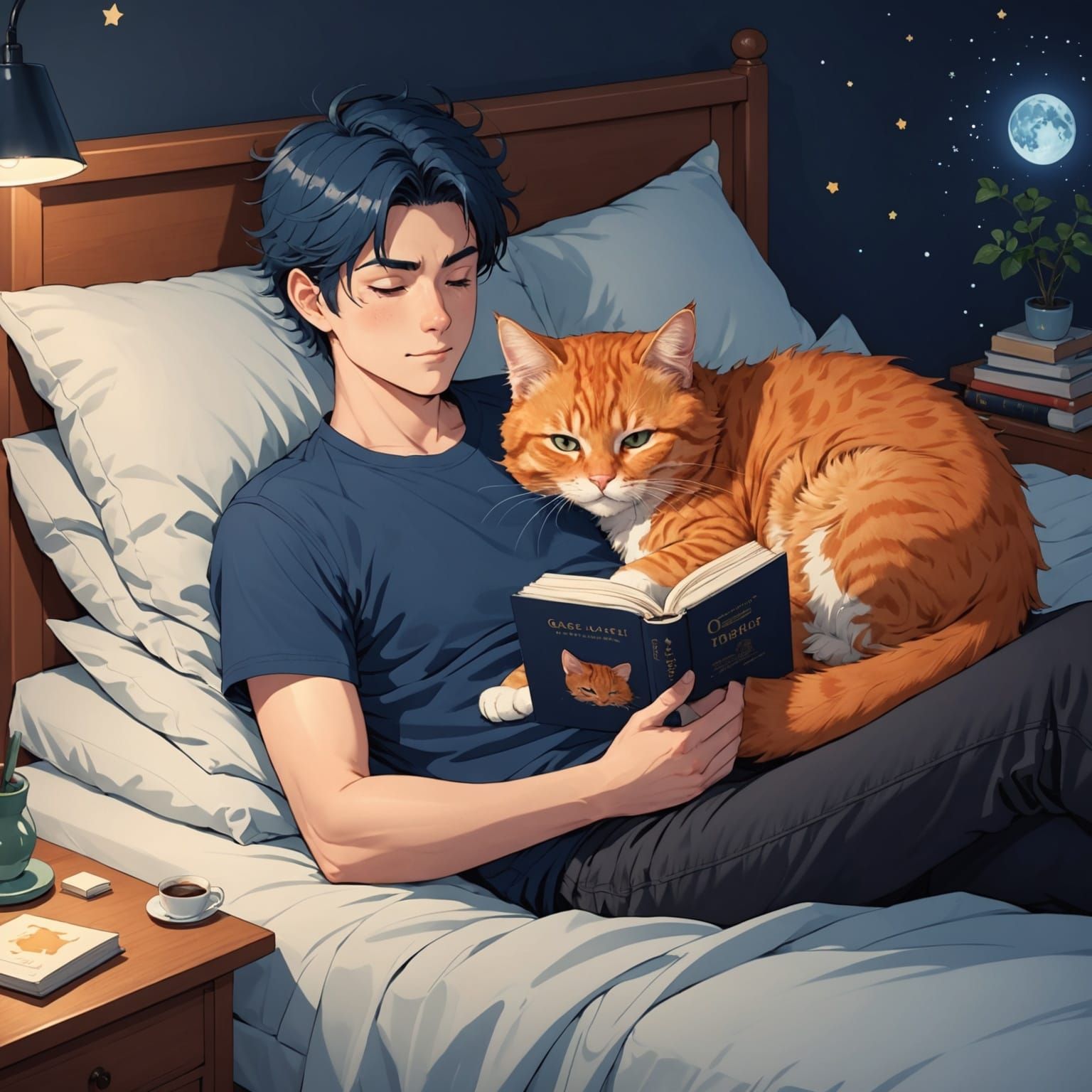 Cozy Manga Scene: Man Reads with Cat on Back