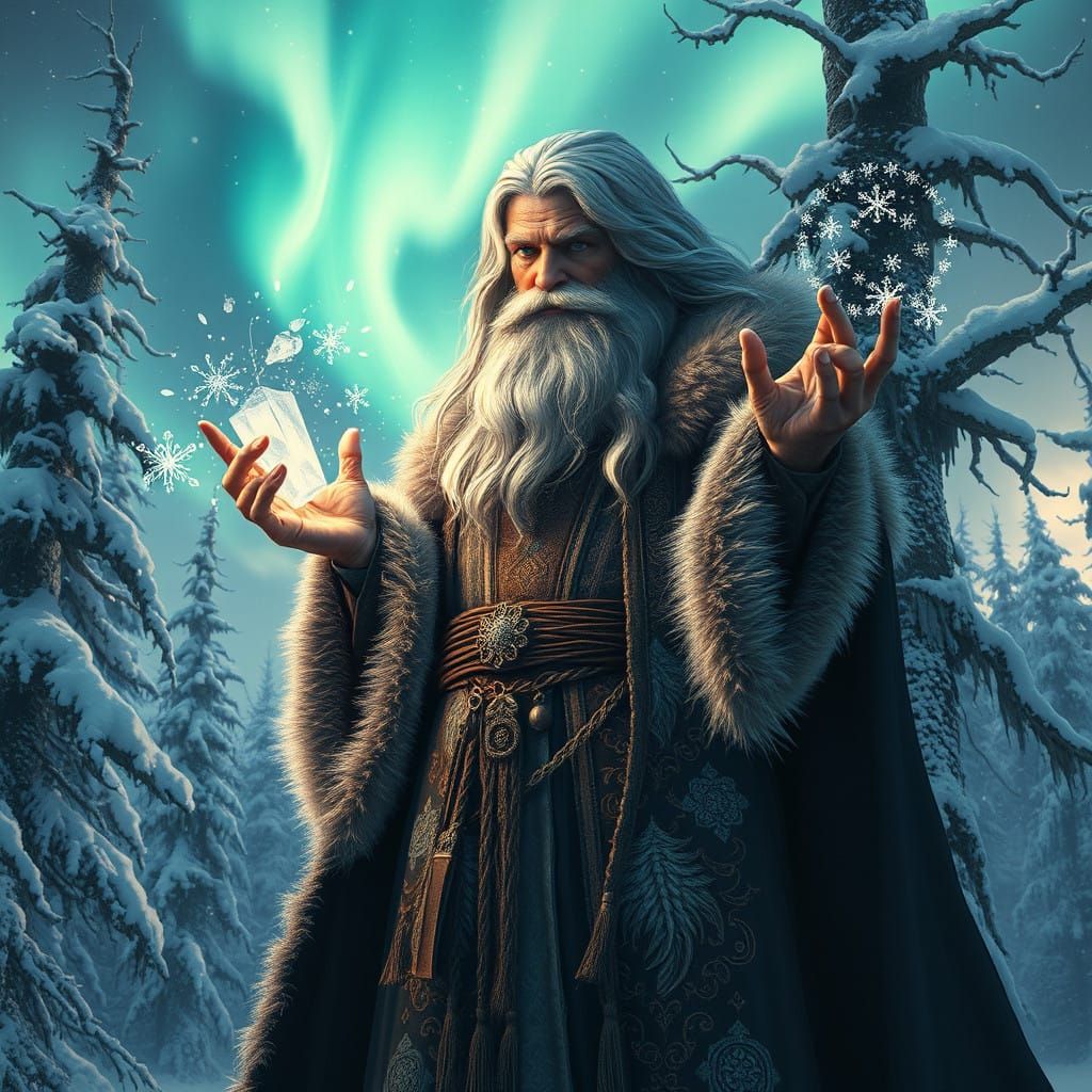 Mystic Wizard Conjures Winter Magic Amidst Snowy Ancient Tre...