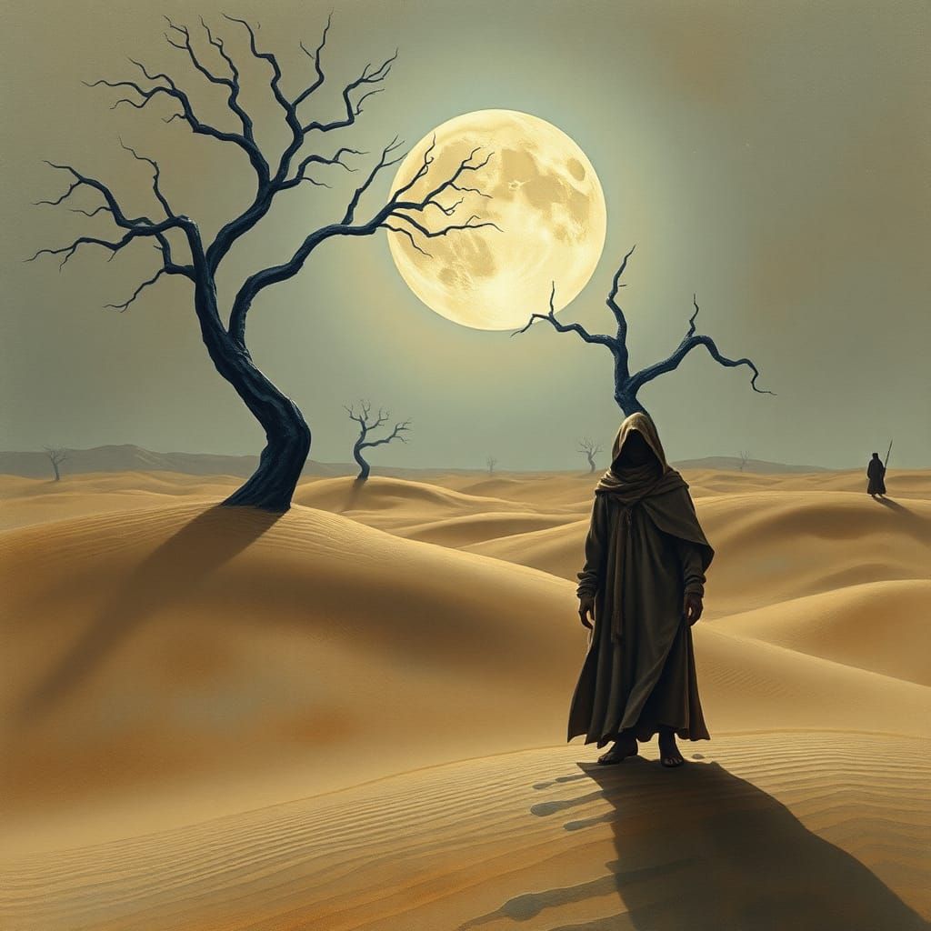 Eerie Desert Wanderer in Surrealist Style