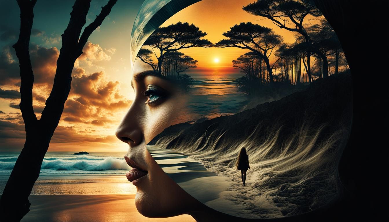 Surreal Beach Sunset Double Exposure in Fantasycore Style