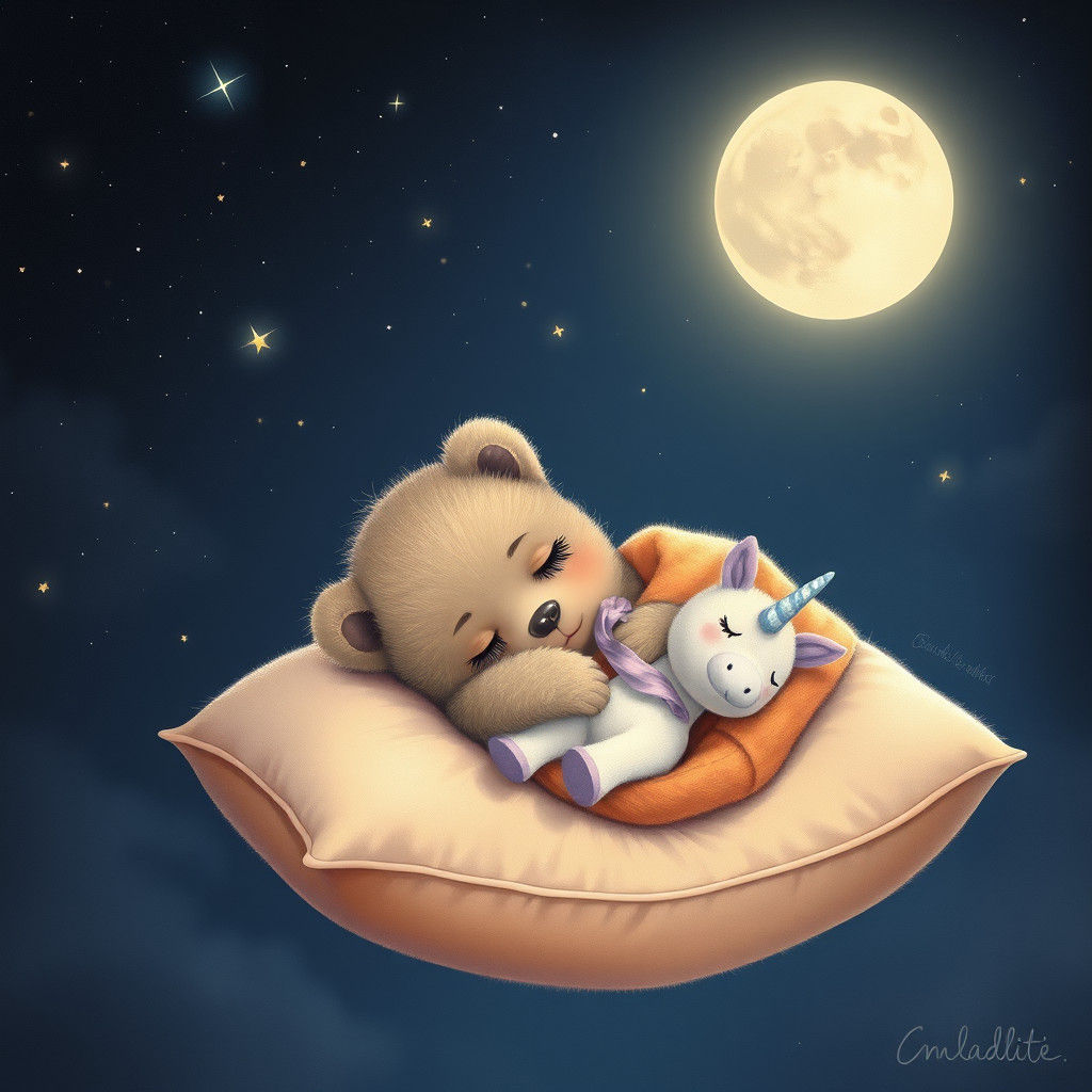 Baby Bear Asleep in Starry Sky: Dreamy Art