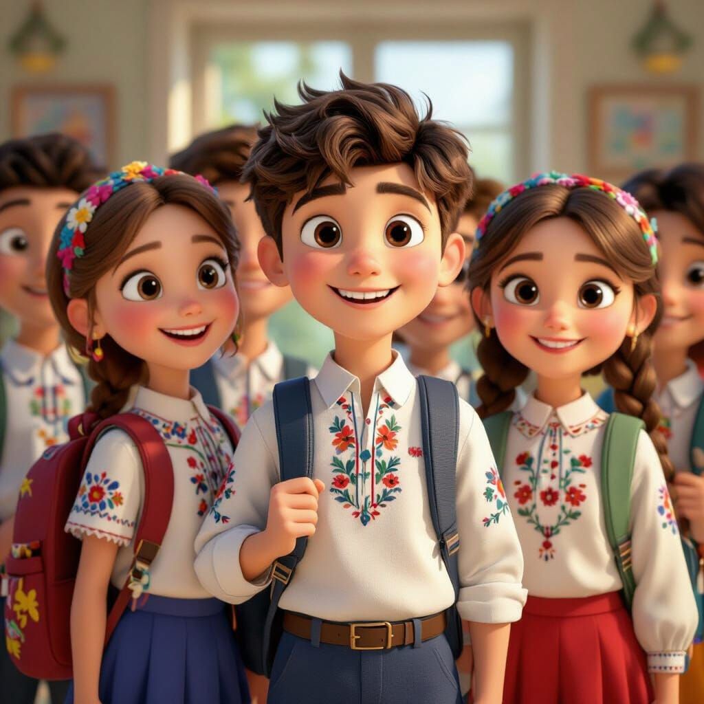 Cheerful Ukrainian Schoolchildren in 3D Cartoon Style