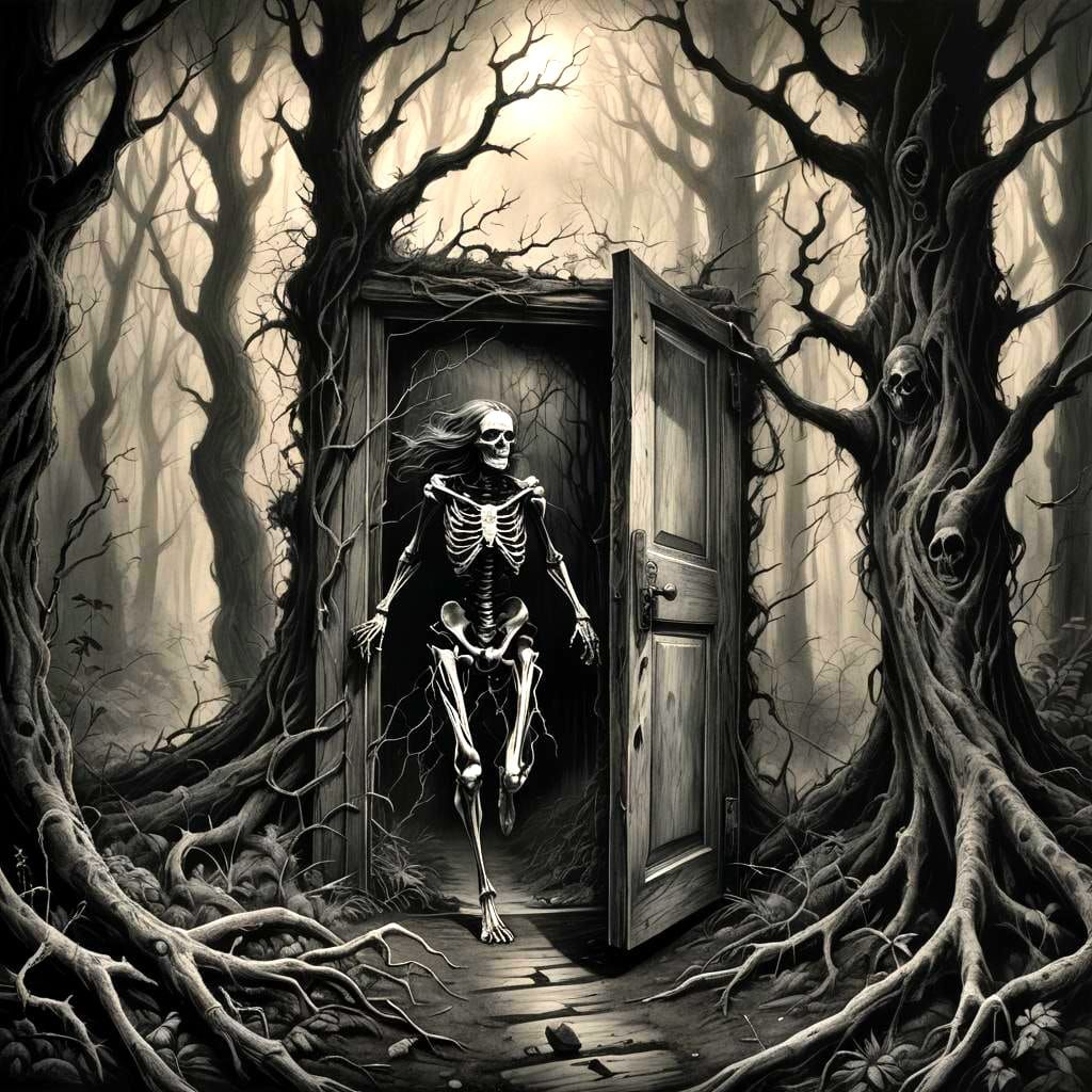 Woman Escaping Monsters in Dark Forest Drawing