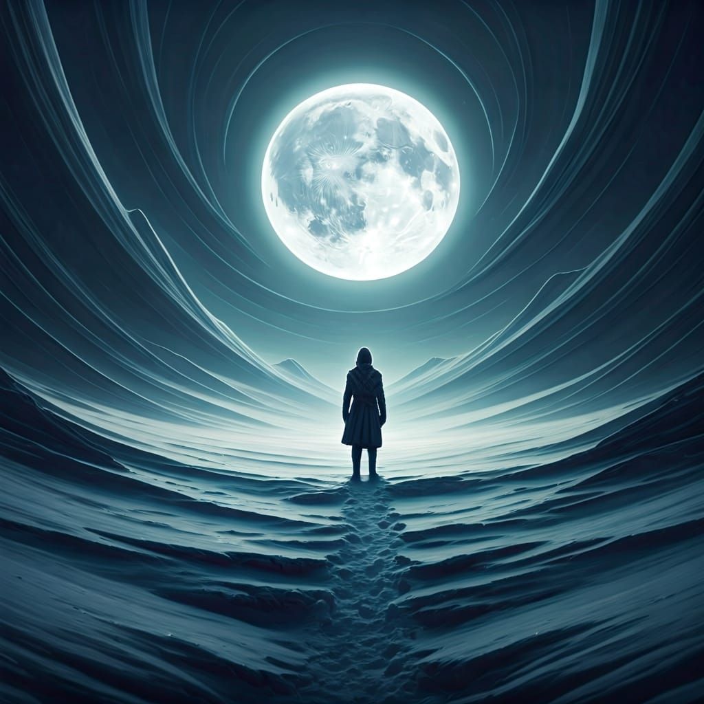 Figure Silhouetted on Snowy Hill Under Moon, Matte Painting