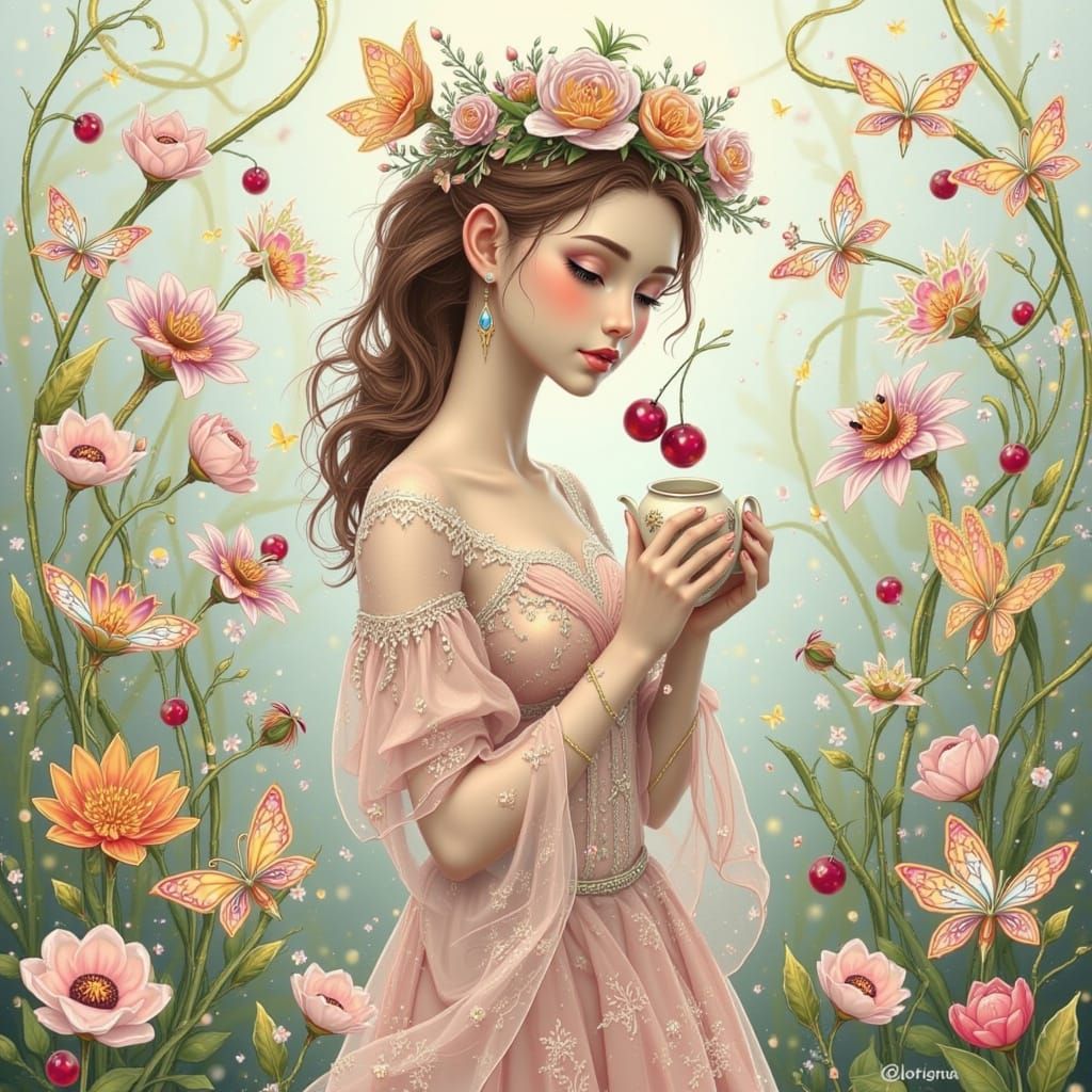 Delicate Maiden in Whimsical Floral Realm