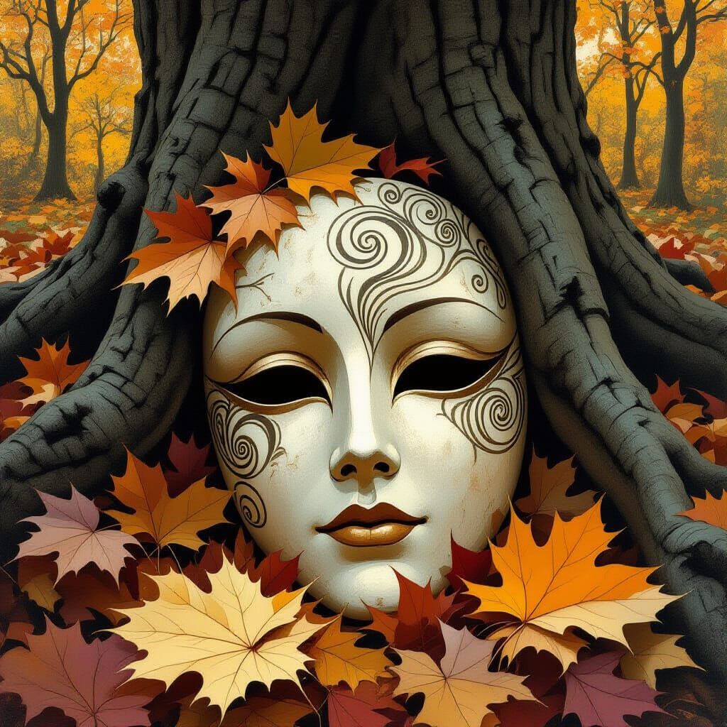 Ancient Mask in Autumn Leaves, Art Nouveau Style