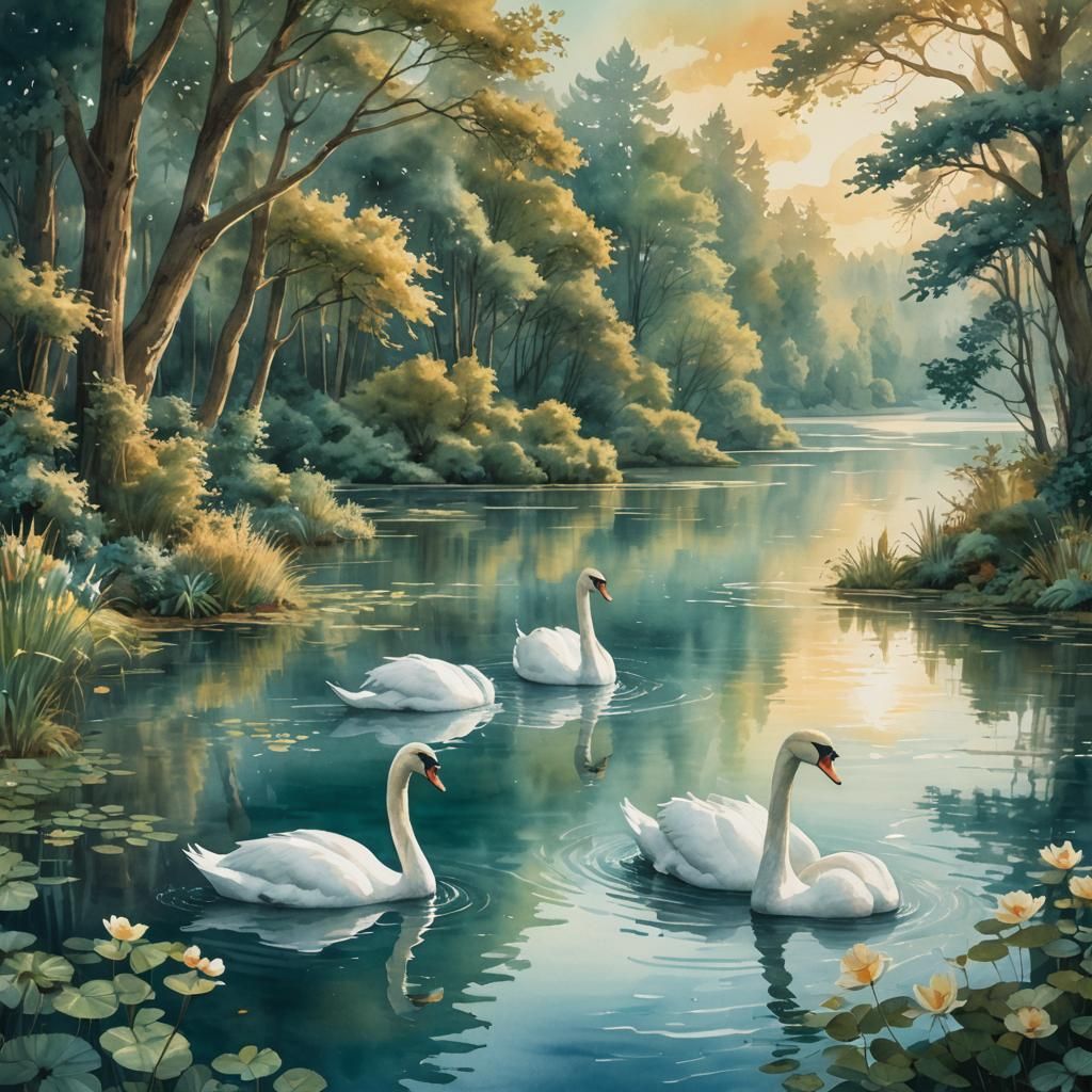 Serene Swans on Lake in Watercolor Style