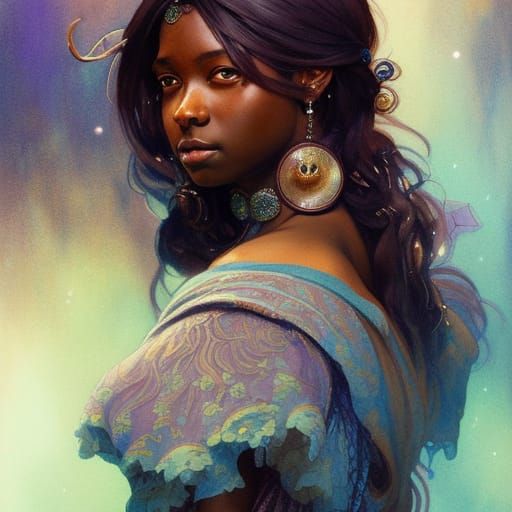 Enchanting Dark Skinned Princess Portrait in Watercolor