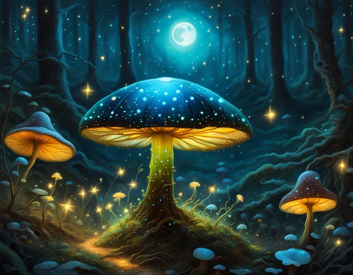 Firefly on Bioluminescent Mushroom Under Moonlight