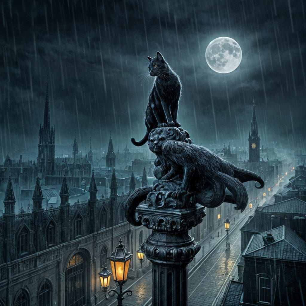 Eerie Gothic Cityscape at Night with a Haunting Black Cat