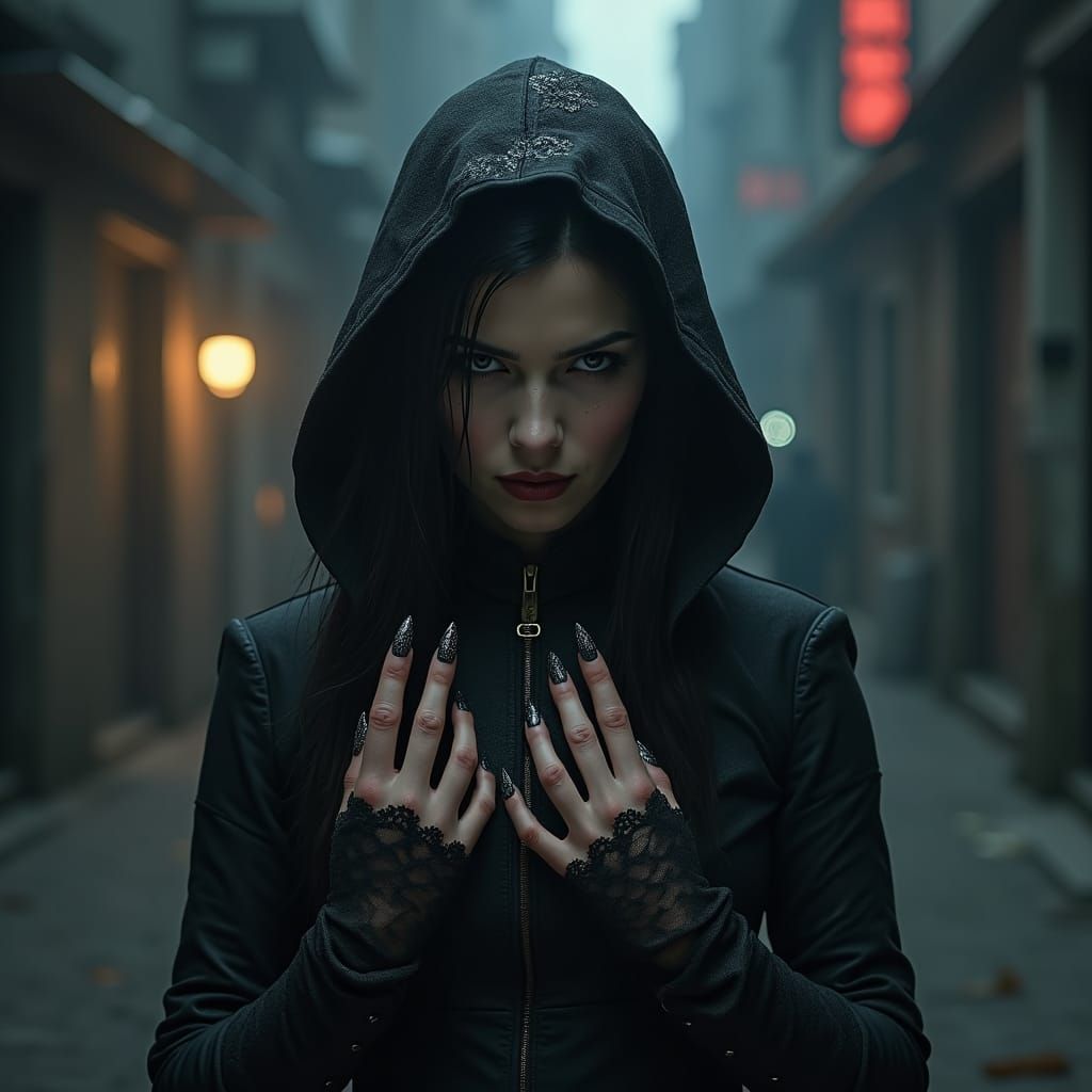 Mysterious Assassin in Misty Alleyway at Night