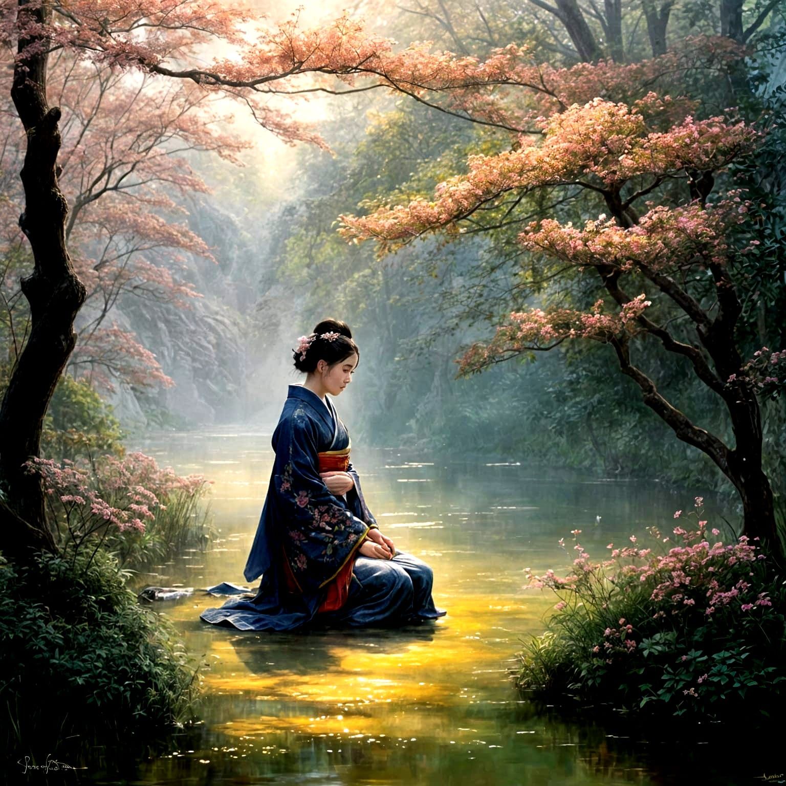 Sorrowful Japanese Maiden in Idyllic Garden at Dawn