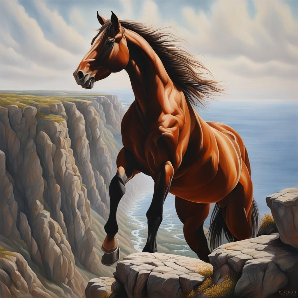 Majestic Horse on Cliff in Hyperrealistic Painting