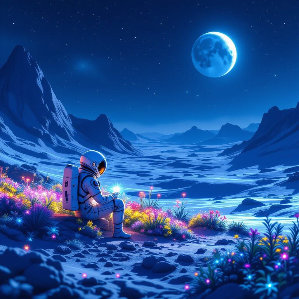 Astronaut Tends Bioluminescent Garden on Alien Moon
