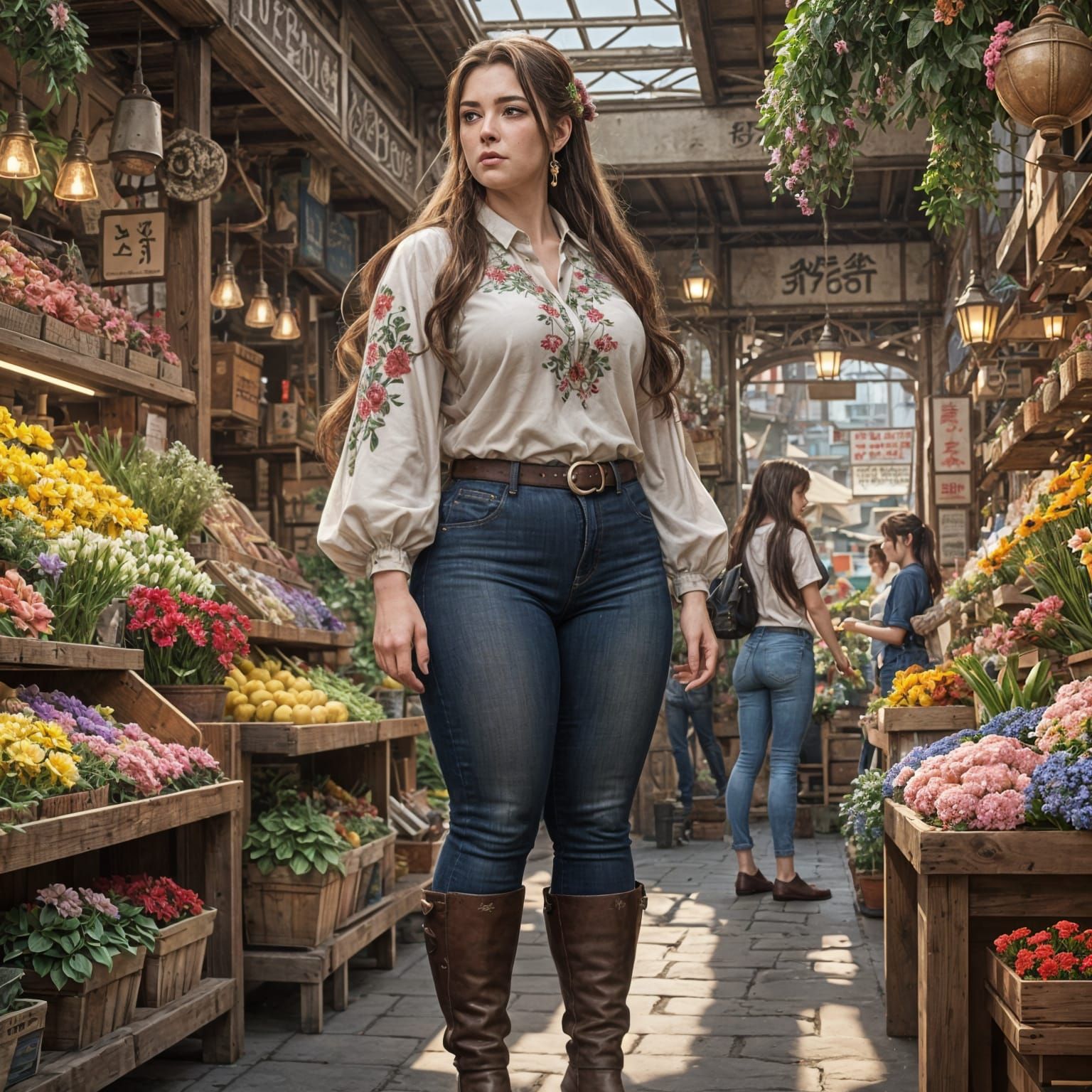 Anime Style Curvy Woman in Flower Market