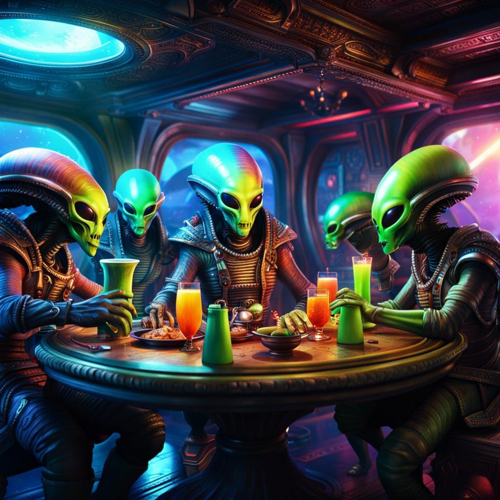 Alien Space Pirates Celebrate in Maximalist Digital Art