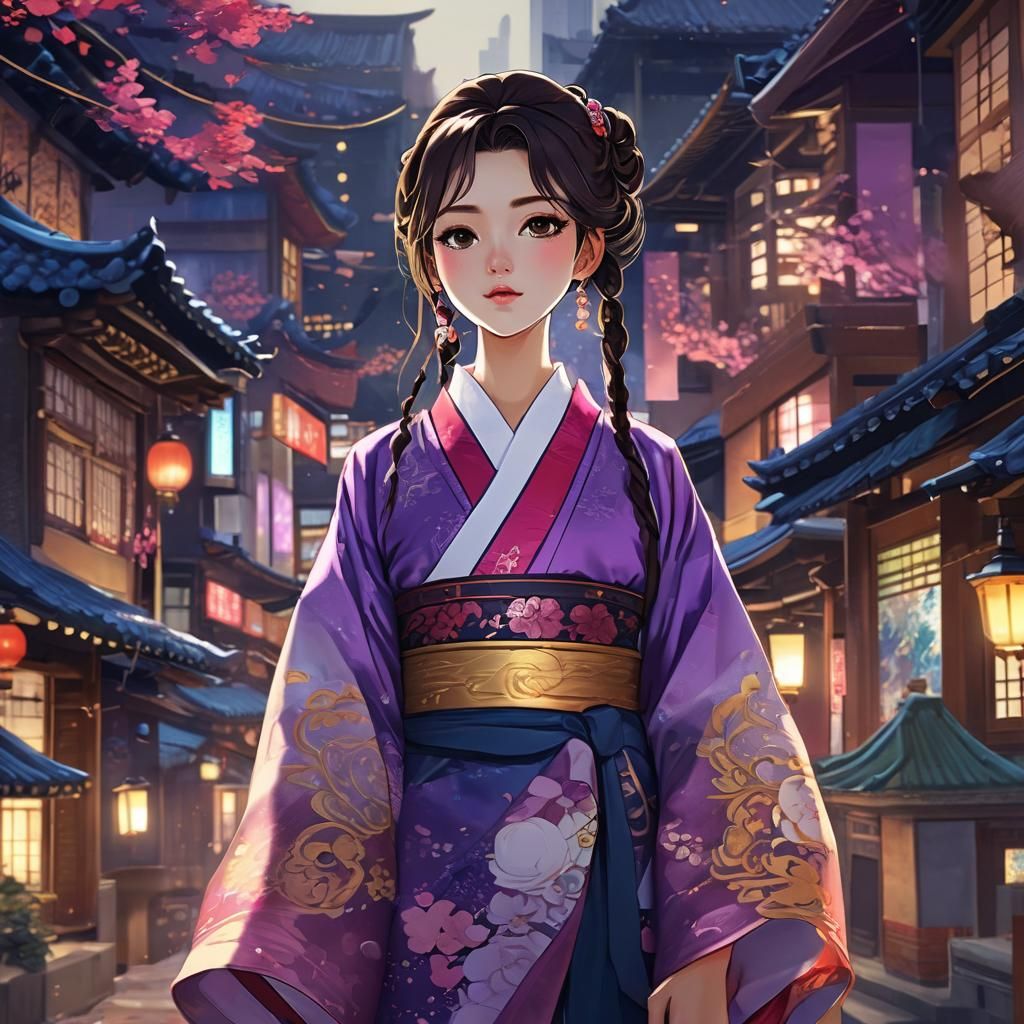 Anime-Style Woman in Hanbok with Urban Backdrop