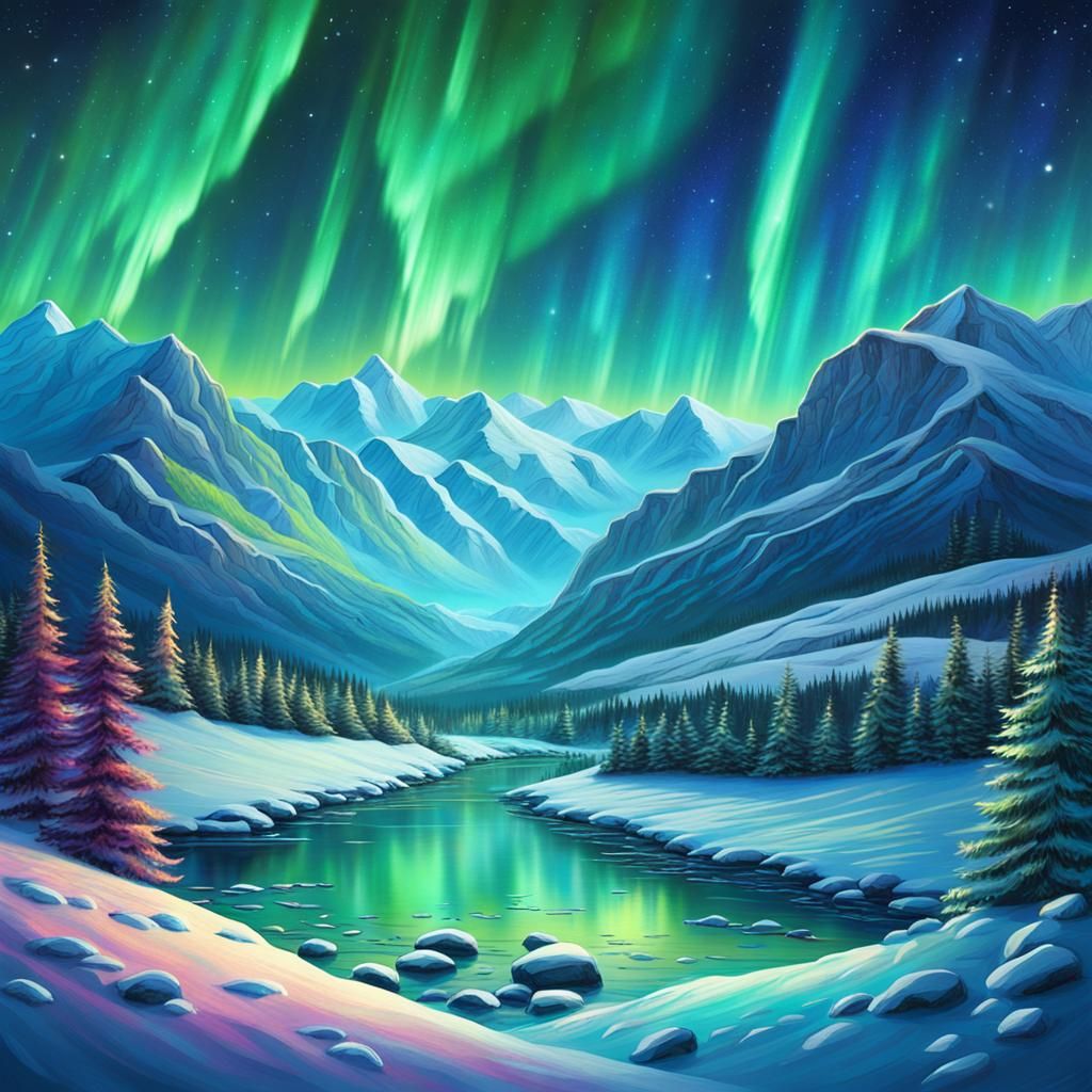 Astral Aurora Borealis Over Snowy Valley