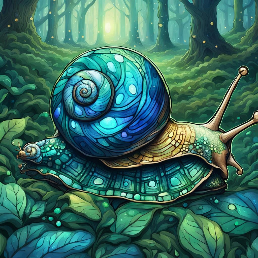 Glowing Stained Glass Snail in Mystical Forest