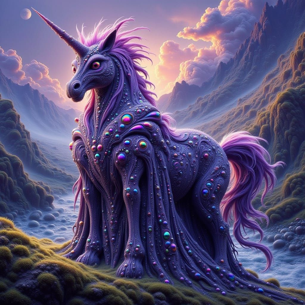 Regal Purple Unicorn Overlooks Shimmering River in Whimsical...