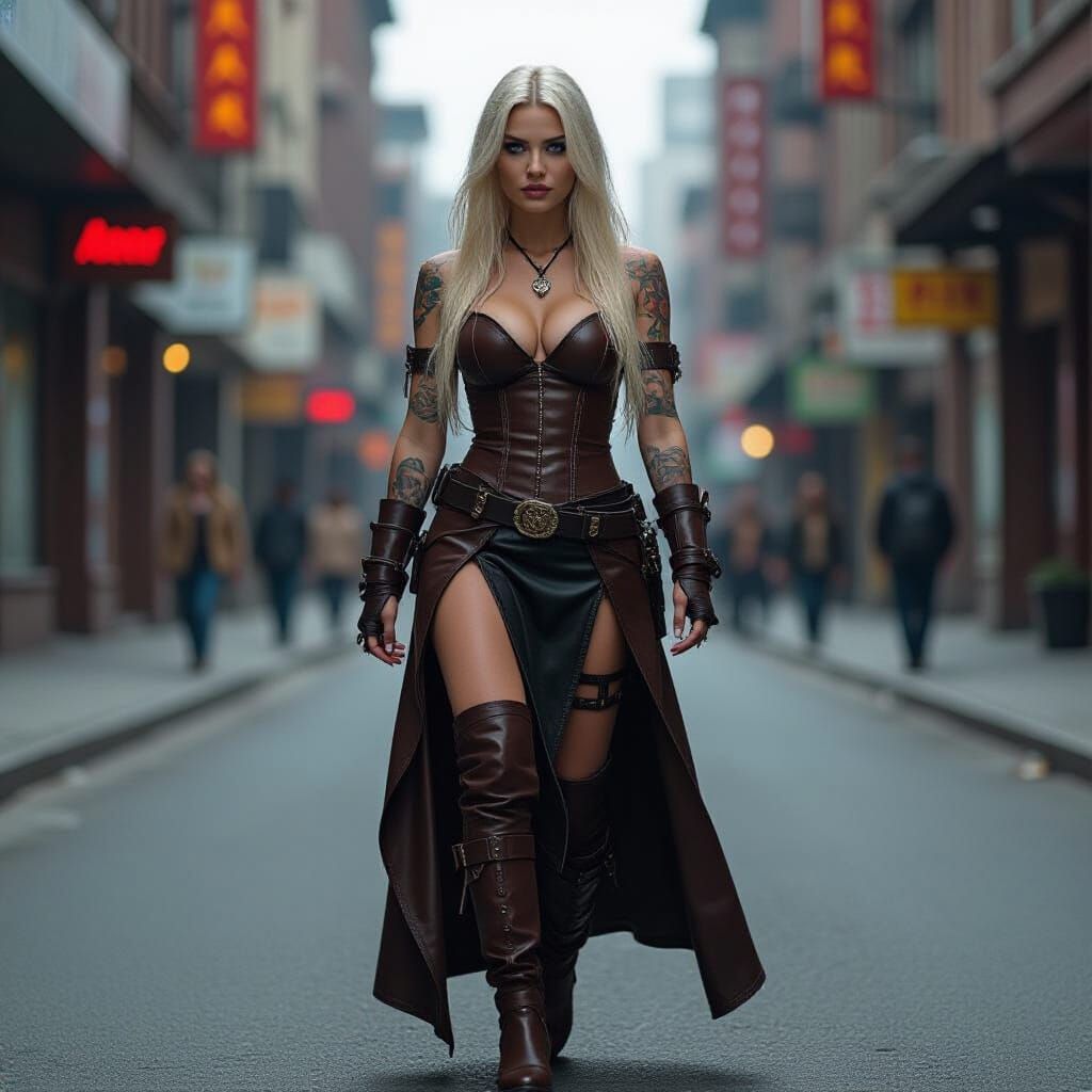 Goth Female Warrior in Desolate Cyberpunk Scene