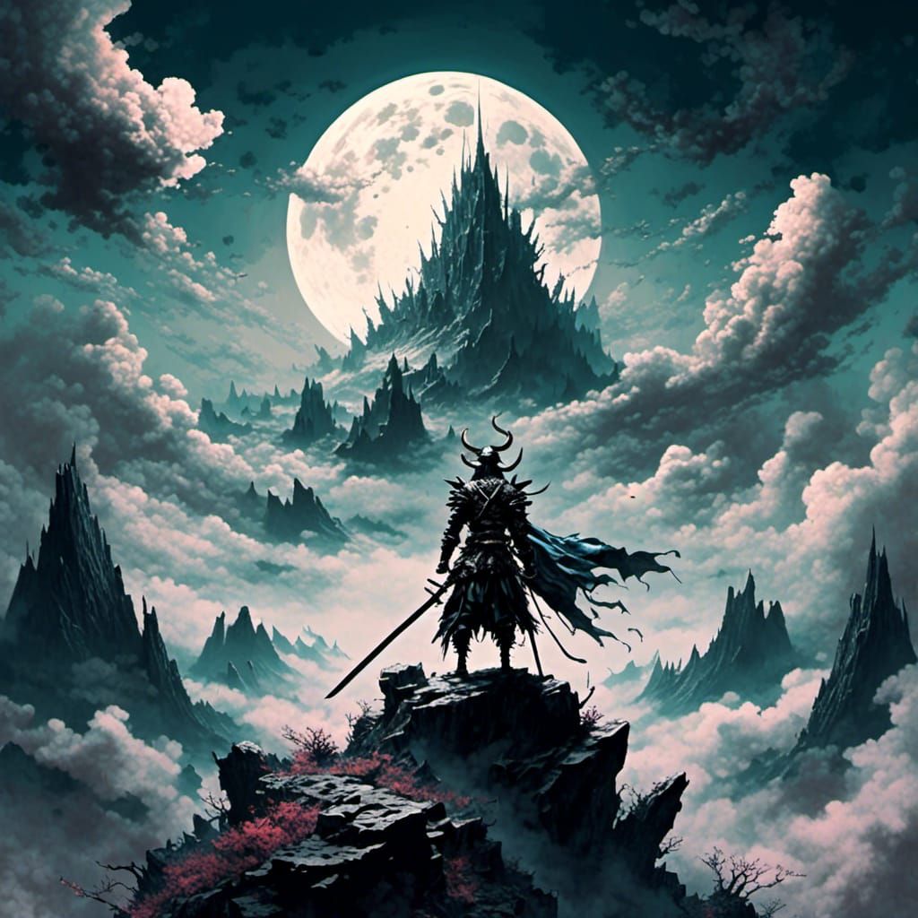 Moon Bull Samurai on Mountain, Fantasy Art