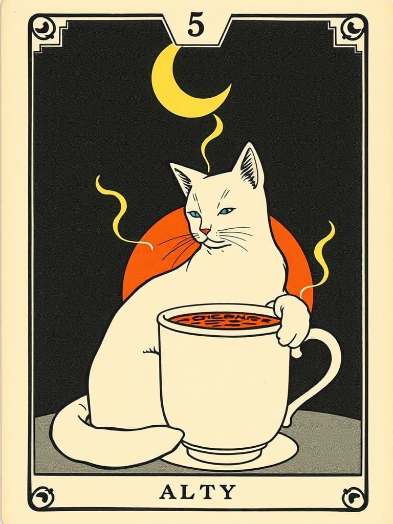 Vintage Tarot Card: White Cat with Coffee