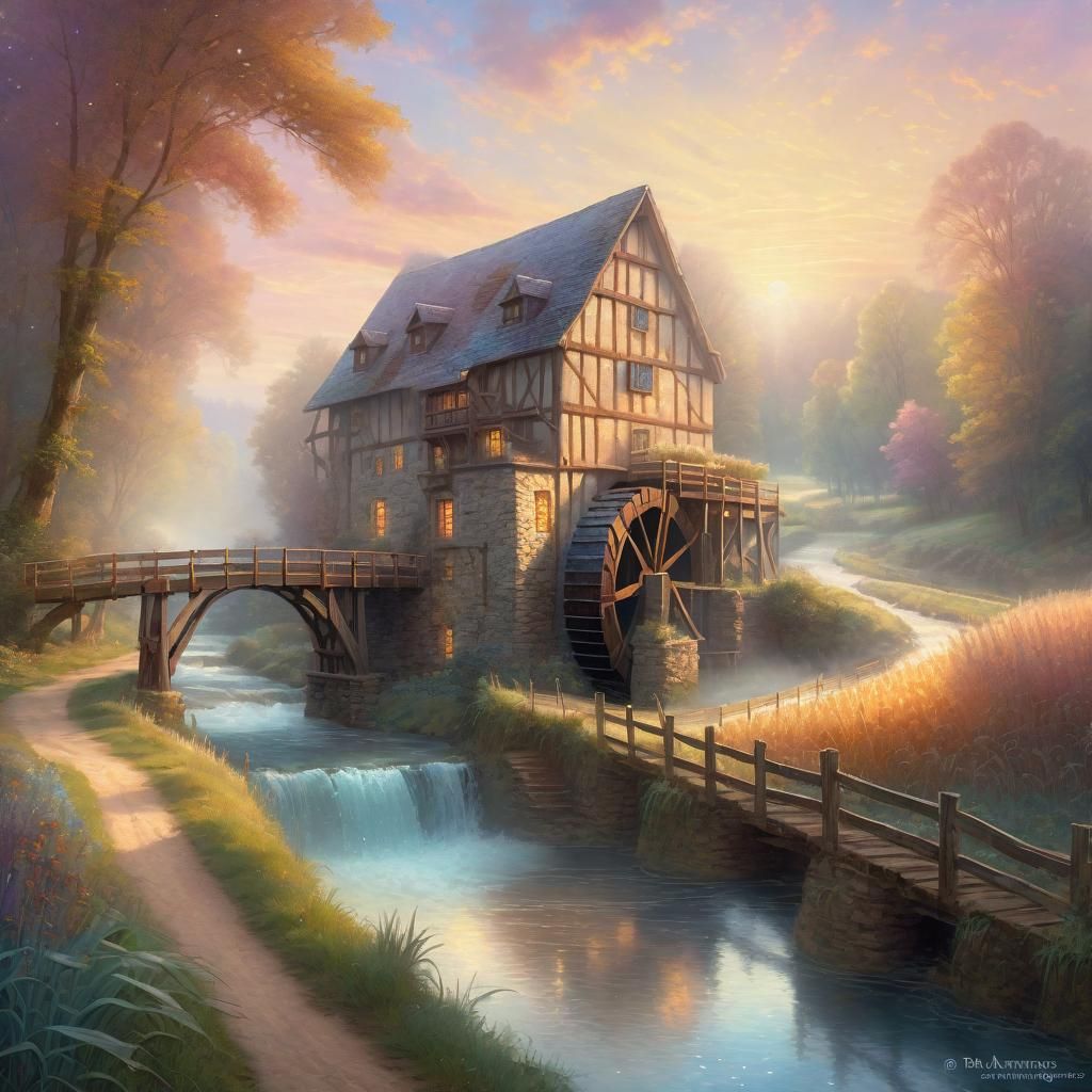 Medieval Watermill Landscape in Ethereal Style